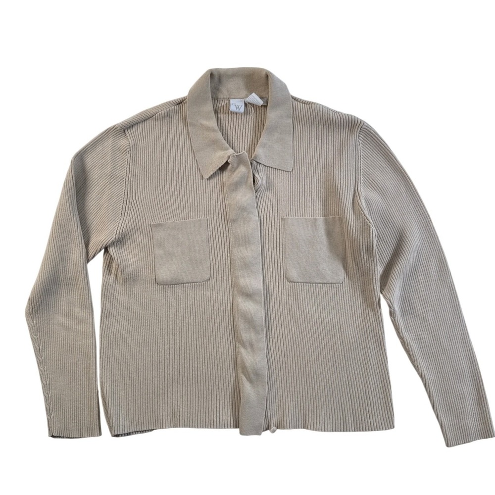CW Womens Beige‎ Ribbed Knit Cotton Collared Zip Up Sweater Top Pockets Medium - Picture 2 of 7